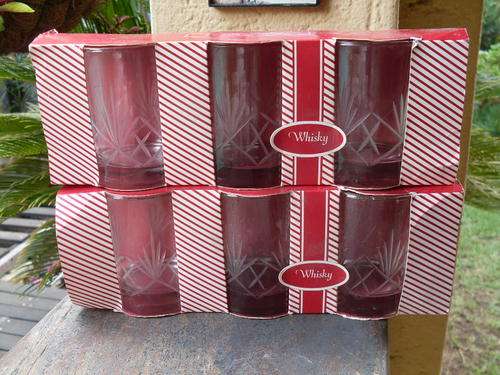 VINTAGE???  TWO BOXED SETS OF THREE CUT WHISKEY GLASSES