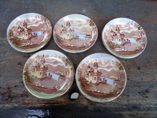 DELIGHTFUL MALING NUT DISHES (FIVE OF THEM) DEPICTING A CHURCH BUILDING?? COWS & WATER LUSTRE