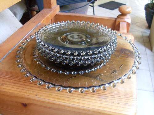 RETRO??? CUT GLASS  CAKE SERVING PLATE & 5 CAKE PLATES WITH BOBBLES ON THE END GREY PLSE VIEW