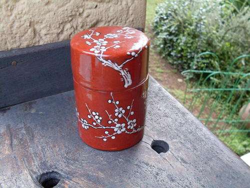 ORIENTAL MARKED CHINESE GLAZED CERAMIC CONTAINER/JAR  WITH LID. CHERRY BLOSSOMS