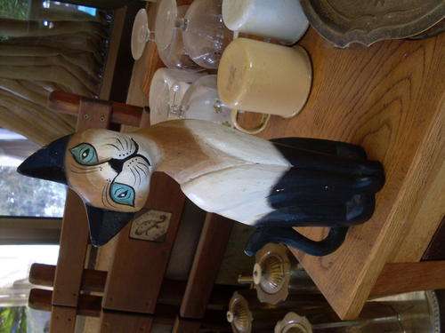 PAINTED & CARVED CAT WOOD ORNAMENT WITH BLUE EYES "HERE KITTY"