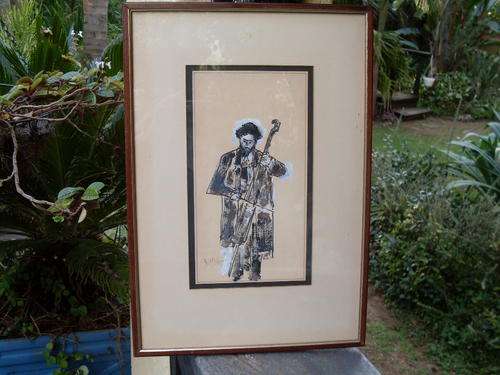 ORIGINAL FRAMED AND SIGNED (MIXED MEDIA??) STUDY OF A  MUSICIAN BY SA ARTIST JEFF KASSMAN DATED 1982