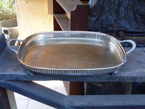 BEAUTIFUL LARGE WORN SILVER PLATE WITH ORNATE DETAIL FANCY FOOTED GALLERY TRAY