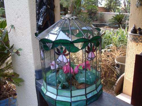 THE MOST BEAUTIFULLY CRAFTED LEAD LIGHT & STAINED GLASS LARGE TERRARIUM (WARDIAN CASE) WITH FUSCHIAS