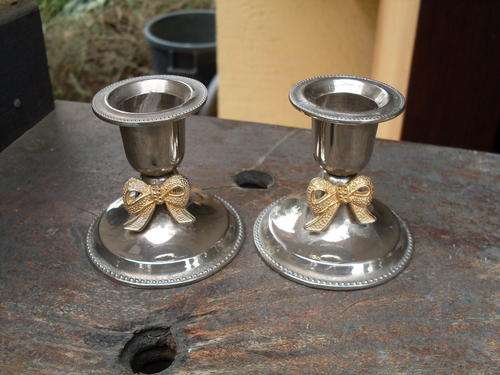 VINTAGE SMALL PAIR OF SILVER PLATED CANDLESTICK HOLDERS WITH GOLD RIBBON DETAIL, SWEET