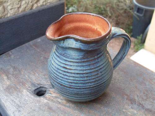 LOVELY UNMARKED LIEBERMANN POTTERY JUG BLUE EXTERIOR & BROWN INTERIOR