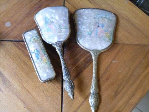 VINTAGE DRESSING TABLE SET WITH MOTHER OF PEARL "LOOK"  & ROMANTIC VICTORIAN GARDEN SCENE  SUPER