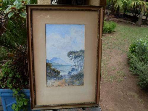 A RATHER DELIGHTFUL & SMALL VINTAGE FRAMED WATERCOLOUR LAND / SEA SCAPE SCENE SIGNED CH