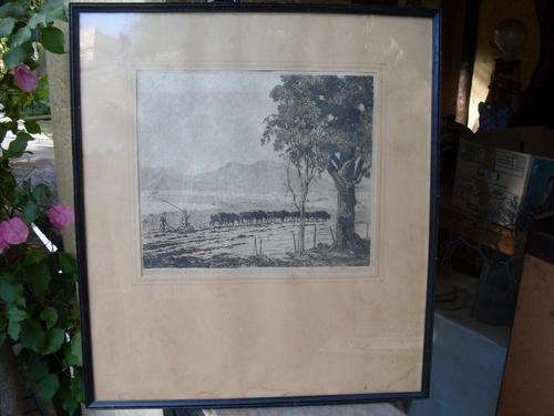 2ND OF THE FRAMED VINTAGE 20th CENTURY ARTIST REG JORDAN ETCHINGS THIS ONE IS "FARMING NEAR GEORGE"