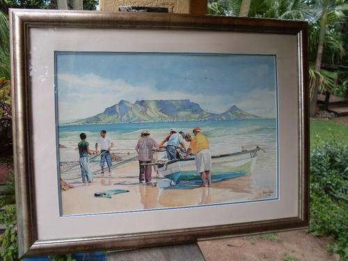 SPECTACULAR! LARGE FRAMED PRINT ON BOARD SA ARTIST ERIC JUDD BORN 1935 OF CAPE TOWN FISHERMEN WOW!
