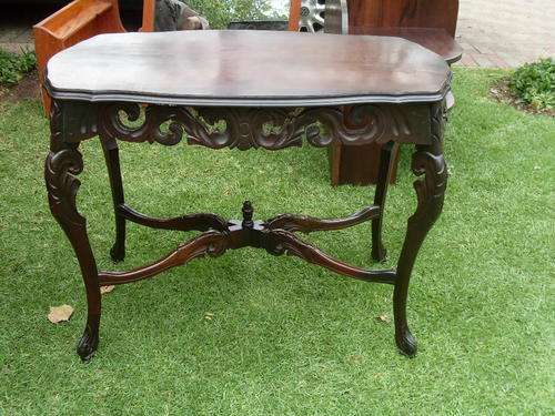 AN EXQUISITE OLD 1920'S??   VINTAGE DARK CARVED WOODEN TABLE WITH CARVED CROSS STRETCH  AT BASE!