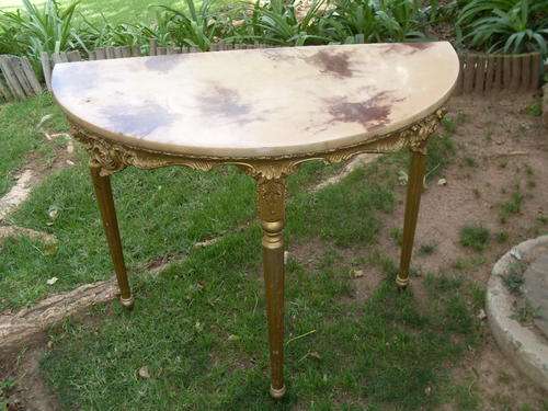 VINTAGE POSSIBLY '70'S FAUX MARBLE HALF MOON TABLE ITALIAN LOOK WOOD??? LEGS SOME DAMAGE