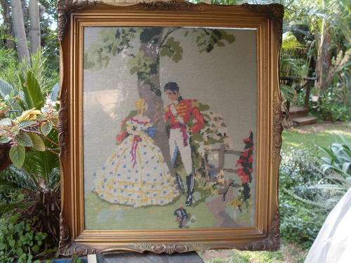 FABULOUS & SOMETHING TO TICKLE YOUR FANCY EXQUISITE WOOD PROFILED GILT FRAME ROMANTIC SCENE TAPESTRY