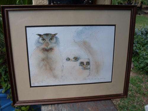 SOUTH AFRICAN??   VINTAGE 1987 GORGEOUS FRAMED SIGNED WATERCOLOUR OF AN OWL AND OWLETS SWEET!!!!
