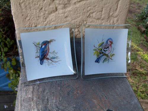 TWO GLASS PIN DISHES WITH BIRD PRINT DESIGN