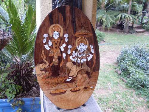 VERY INTERESTING WOOD PLAQUE TYPE ITEM WITH INLAID  HINDU GOD GANESH(A)  & GODDESS LAKSHMI