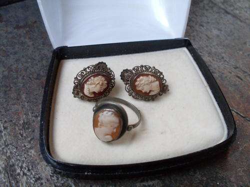 FOR TANIA ONLY! VINTAGE SILVER CAMEO RING AND EARRING SET. FILLIGREE, DELICATE & BEAUTIFUL