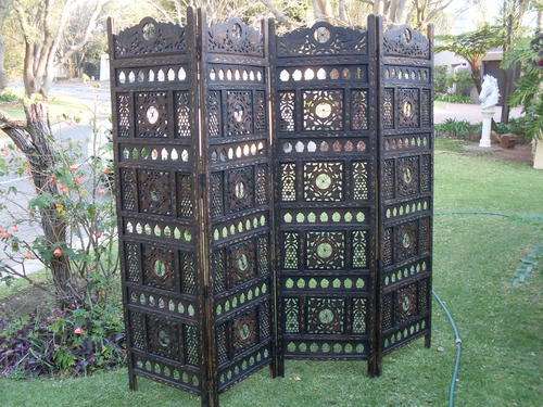 CONTEMPORARY CORICRAFT CARVED WOOD WITH STAIN PLUS METAIL FLORAL DETAIL FOUR PANEL HINGED SCREEN WOW