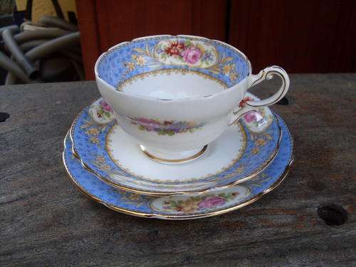 VINTAGE PARAGON FINE BONE CHINA TEA TRIO WITH ROSES  EXCEPTIONAL DETAIL FORGET ME NOT BLUE " SEVRES"