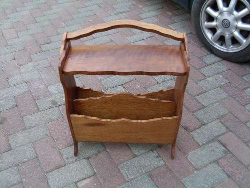 NOT PERFECT, BUT A GOOD LOOKING VINTAGE  WOOD MAGAZINE RACK WITH SHELF & HANDLE TO CARRY AROUND