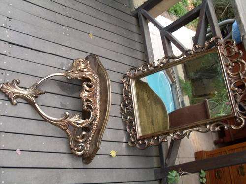 GLORIUOS VINTAGE  BEVELED MIRROR AND BASE PIECE COMBO SYROCO USA GILT BRONZE FLOWING SCROLL STYLE