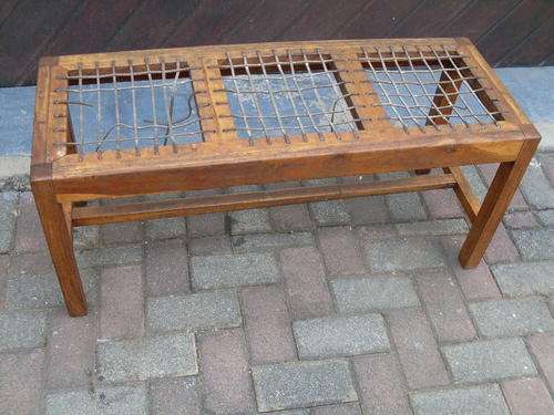 RATHER CHARMING VINTAGE THREE SEATER RIEMPIES WOOD STOOL (SOME OF THE RIEMPIES NEED ATTENTION)