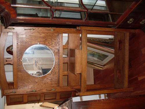 ANTIQUE ARTS & CRAFTS OAK HALL/ HAT STAND WITH ROUND BEVELED MIRROR & LIDDED STORAGE BOX