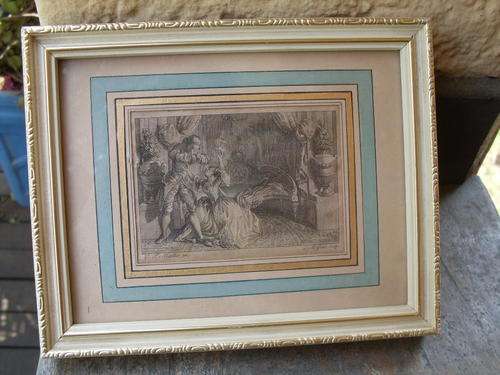 SMALL FRAMED ENGRAVING PRINT DESIGNER C P MARILLIER 1740-1808 ENGRAVER L. LE GRAND BOUDOIR SCENE