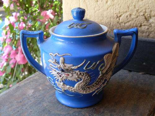 TUDOR (JAPANESE) VINTAGE MORIAGE DRAGONWARE SUGAR BOWL + LID  BLUE BASE & GREY ++ RELIEF DRAGON