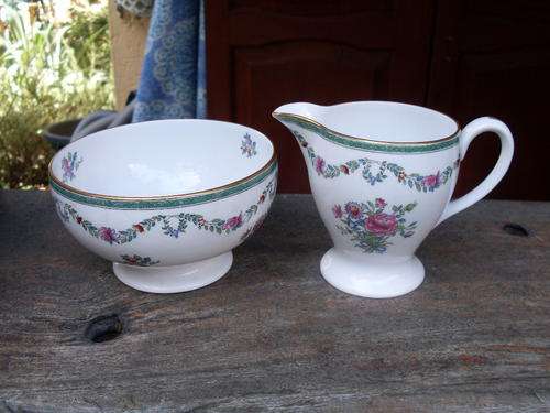 COPELAND'S SPODE "MINERVA" MILK JUG & SUGAR BASIN, ROSES, FLORAL, GREEN PATTERNED + GILT BORDER