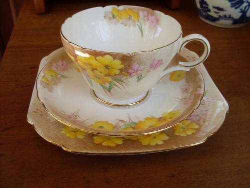 LOVELY MEADOW LIKE SHELLEY CHINA ENGLAND TEA TRIO. YELLOW & PINK FLOWERS GILT TRIM