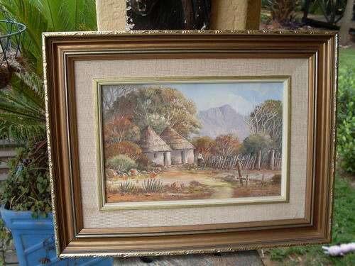 BEAUTIFUL FRAMED JACOBI SOUTH AFRICAN (BENJAMIN DAVIS) OIL ON BOARD OF MOUNTAINSCAPE, HUTS & ALOES