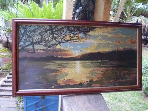 WOW!!! SUPERB  FRAMED TAPESTRY OF A SUNSET OR SUNRISE SCENE. EXQUISITE & UNUSUAL. GREAT WORK OF ART