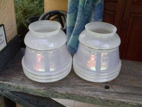A PAIR OF ART DECO LUSTRE (WHITE BASE SOFT LAVENDER/PURPLE) GLASS SHADES