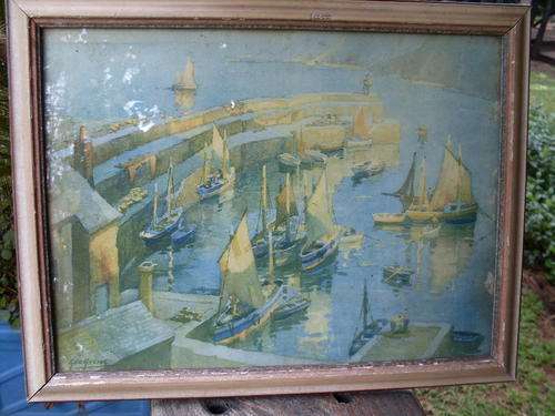 FRAMED VINTAGE PRINT OF AN ENGLISH HARBOUR SCENE BY GEO (GEORGE) AYLING ENG. 1889-1960  DAMAGE