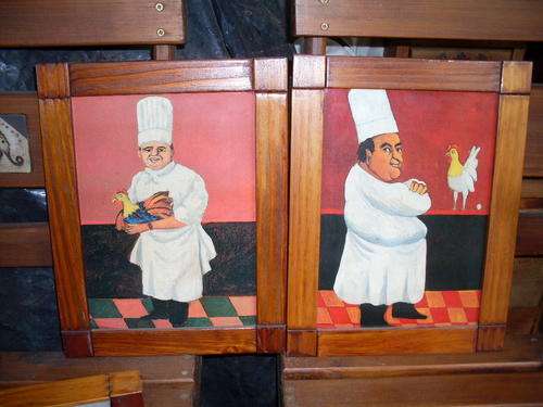 WELL DONE & FRAMED PAIR OF KITCHEN CHEF PRINTS ON BOARD MADE TO LOOK AUTHENTIC. RATHER ZHOOSH