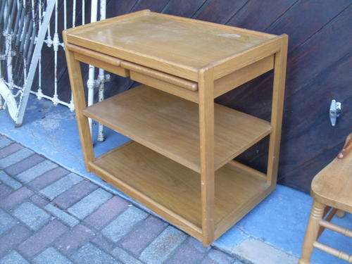PROBABLY MORE ON THE CONTEMPORARY SIDE OF VINTAGE,  OAK LOOK TEA TROLLEY WITH CUTLERY DRAWER + OTHER