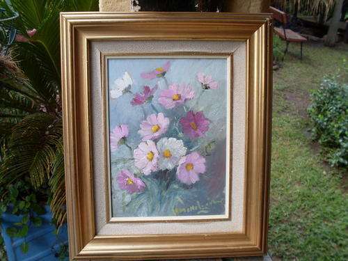 2ND OF THE WELL DONE FRAMED SIGNED PAINTING OF COSMOS FLOWERS WOW!