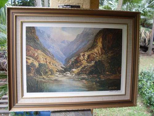 WELL FRAMED VINTAGE PRINT OF KLOOF IN DE SWARTBERG & BEARING THE SIGNATURE TO PRINT GABRIEL DE JONG