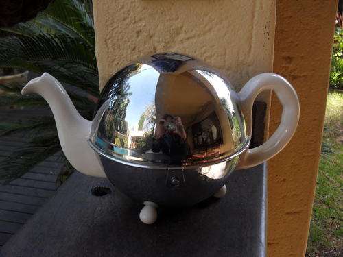 FANTASTIC FIND....STAY HOT CHROME PLATED CERAMIC TEA POT LARGE 1920's 1930's Deco?????