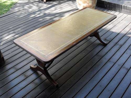 A LOVELY SOLID MAHOGANY LEATHER INLAY LYRA DESIGN COFFEE TABLE