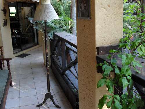 WOOD??? STANDARD LAMP BRONZE COLOUR WITH  BASHE SHADE