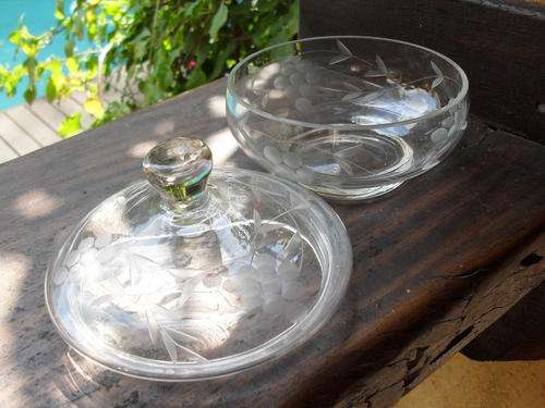 GLASS GRAPE DESIGN DRESSING TABLE BOWL PLUS LID