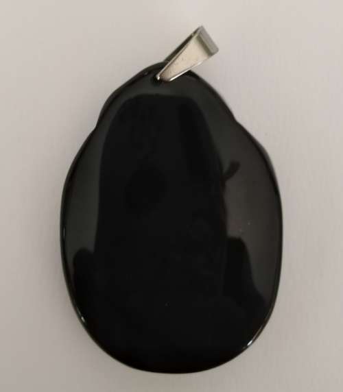Hand Carved Black Obsidian Gemstone Pendant - Guardian Buddha, Stainless Steel Bail
