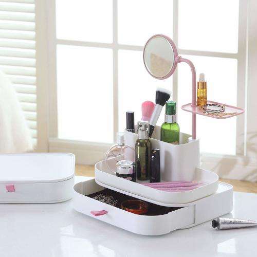 Stylish Makeup Organizer with Rotatable Mirror, Multi-functional Plastic Cosmetic Jewelry Drawer Box