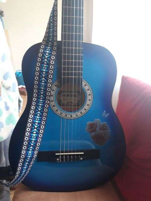 Wooden Guitar in Blue with Strap and Bag
