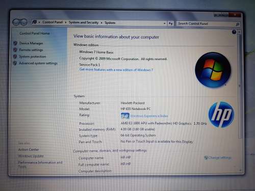 HP 655 | AMD E2-1800 APU | 4GB RAM | 320GB HDD | 15.6" LED | DVD WRITER | AMD GRAPHICS | WINDOWS 7