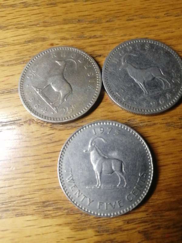 Rhodesia 2 x 1964 25c... 1 x 1975 25c coin