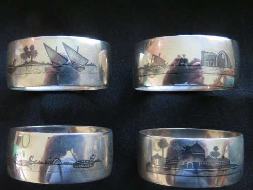 VINTAGE SILVER `NIELLO` NAPKIN RINGS x 4