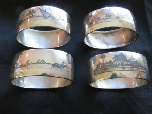 VINTAGE SILVER `NIELLO` NAPKIN RINGS x 4